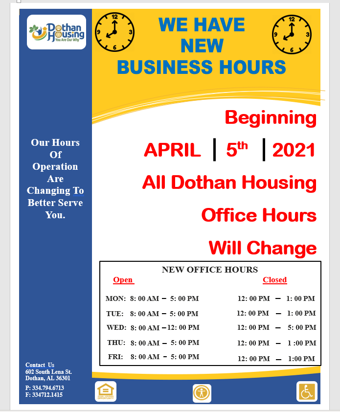 Dothan Housing Has New Business Hours