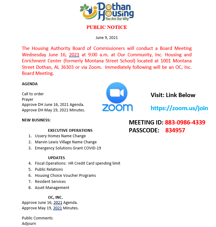 Public Notice Dothan Housing Board of Commissioner Meeting